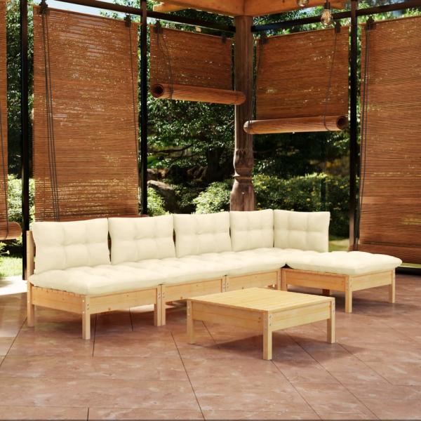 ARDEBO.de - 6-tlg. Garten-Lounge-Set mit Creme Kissen Kiefernholz