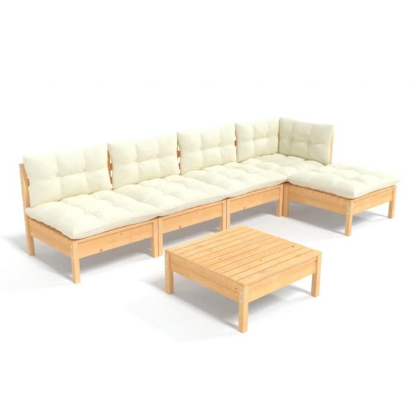 6-tlg. Garten-Lounge-Set mit Creme Kissen Kiefernholz