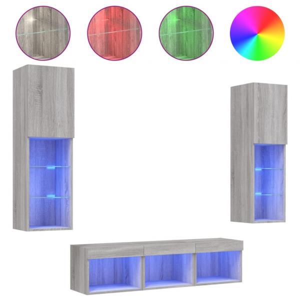 5-tlg. Wohnwand mit LED-Beleuchtung Grau Sonoma Holzwerkstoff