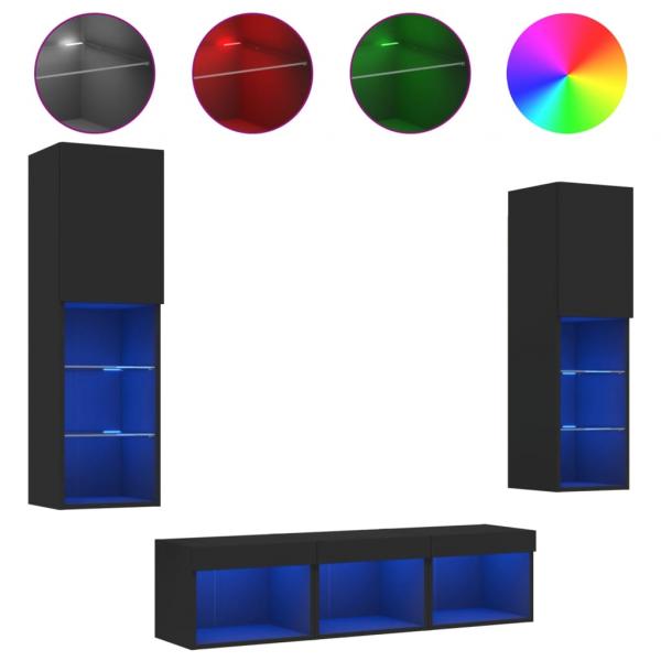 5-tlg. Wohnwand mit LED-Beleuchtung Schwarz Holzwerkstoff