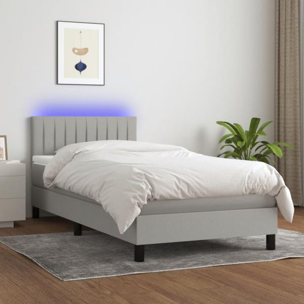 ARDEBO.de - Boxspringbett mit Matratze & LED Hellgrau 100x200 cm Stoff