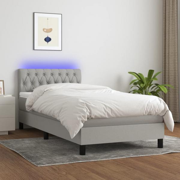 ARDEBO.de - Boxspringbett mit Matratze & LED Hellgrau 100x200 cm Stoff