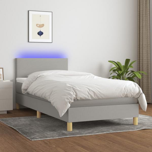 ARDEBO.de - Boxspringbett mit Matratze & LED Hellgrau 100x200 cm Stoff