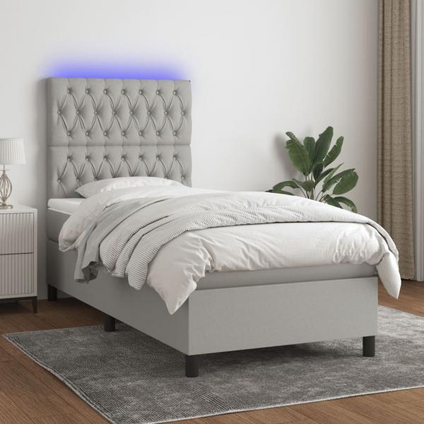 ARDEBO.de - Boxspringbett mit Matratze & LED Hellgrau 90x200 cm Stoff