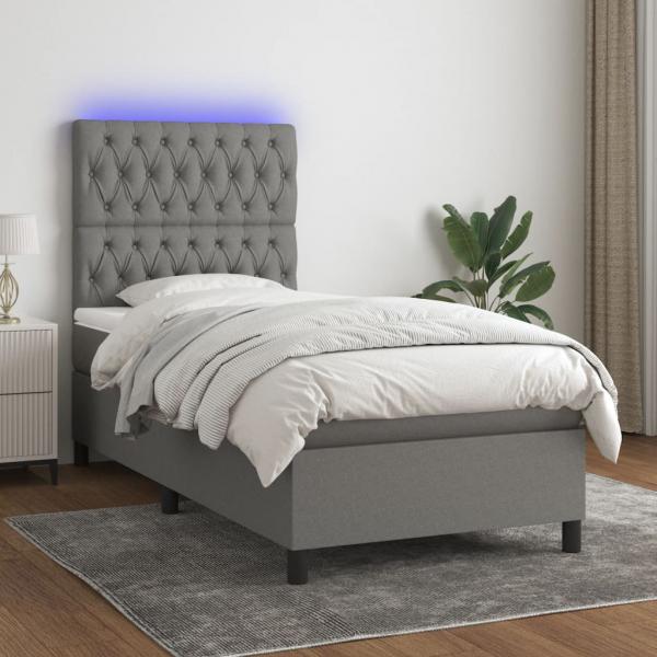 ARDEBO.de - Boxspringbett mit Matratze & LED Dunkelgrau 100x200 cm Stoff