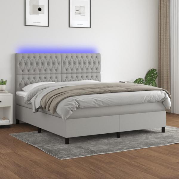 ARDEBO.de - Boxspringbett mit Matratze & LED Hellgrau 180x200 cm Stoff