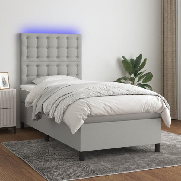 ARDEBO.de - Boxspringbett mit Matratze & LED Hellgrau 90x190 cm Stoff