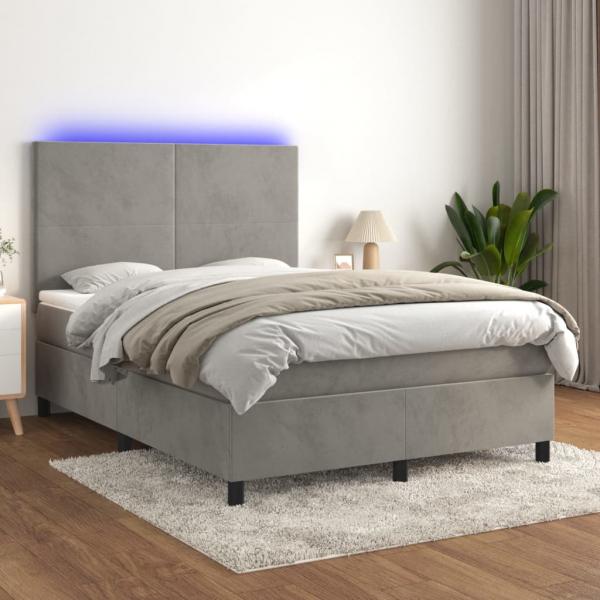 ARDEBO.de - Boxspringbett mit Matratze & LED Hellgrau 140x190 cm Samt