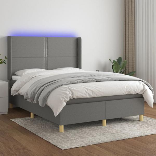 ARDEBO.de - Boxspringbett mit Matratze & LED Dunkelgrau 140x200 cm Stoff