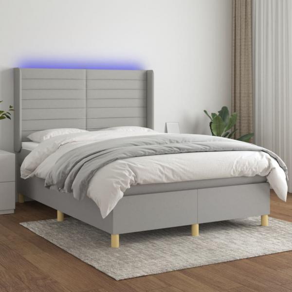 ARDEBO.de - Boxspringbett mit Matratze & LED Hellgrau 140x200 cm Stoff