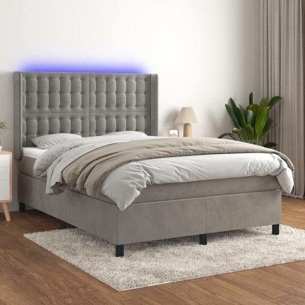 ARDEBO.de - Boxspringbett mit Matratze & LED Hellgrau 140x190 cm Samt