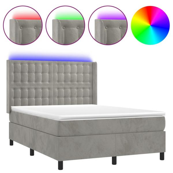 Boxspringbett mit Matratze & LED Hellgrau 140x190 cm Samt