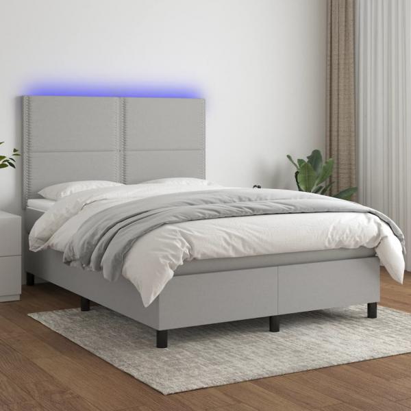 ARDEBO.de - Boxspringbett mit Matratze & LED Hellgrau 140x200 cm Stoff