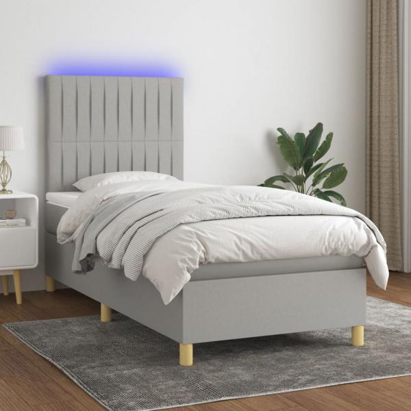 ARDEBO.de - Boxspringbett mit Matratze & LED Hellgrau 90x200 cm Stoff