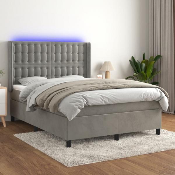 ARDEBO.de - Boxspringbett mit Matratze & LED Hellgrau 140x200 cm Samt