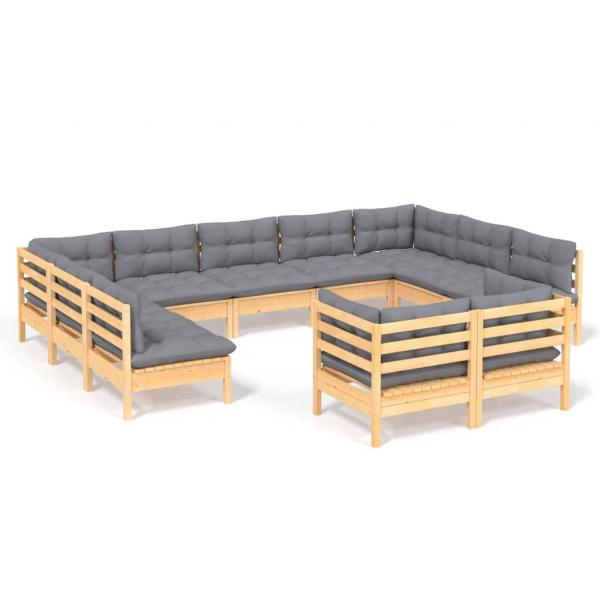 11-tlg. Garten-Lounge-Set mit Grauen Kissen Kiefer Massivholz