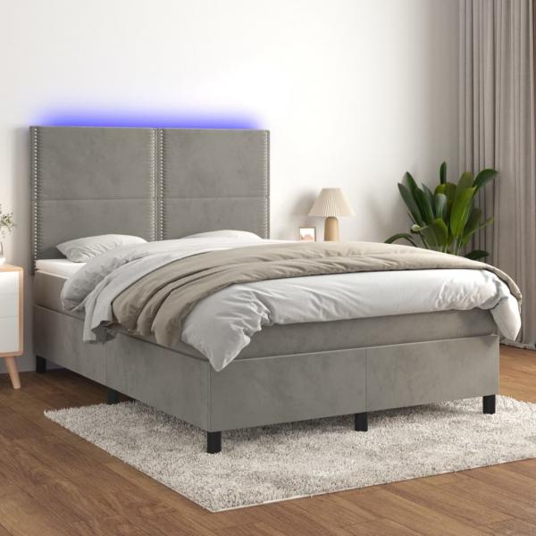 ARDEBO.de - Boxspringbett mit Matratze & LED Hellgrau 140x200 cm Samt