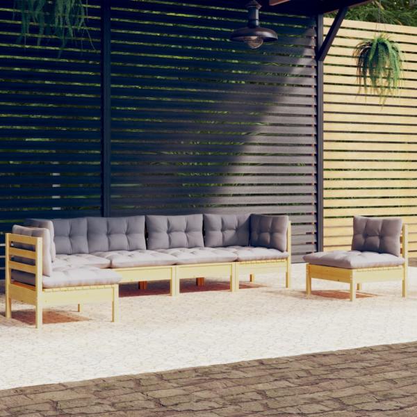 ARDEBO.de - 6-tlg. Garten-Lounge-Set mit Grauen Kissen Kiefer Massivholz