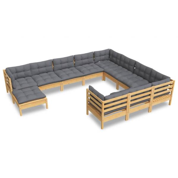 11-tlg. Garten-Lounge-Set mit Grauen Kissen Kiefernholz