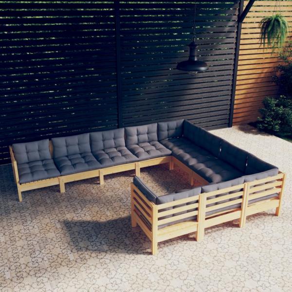 ARDEBO.de - 10-tlg. Garten-Lounge-Set mit Grauen Kissen Kiefernholz