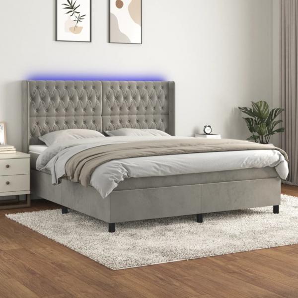 ARDEBO.de - Boxspringbett mit Matratze & LED Hellgrau 180x200 cm Samt