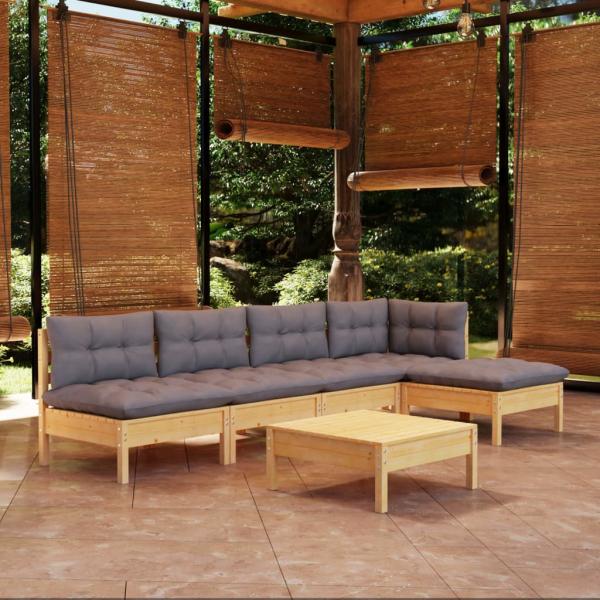 ARDEBO.de - 6-tlg. Garten-Lounge-Set mit Grauen Kissen Kiefernholz