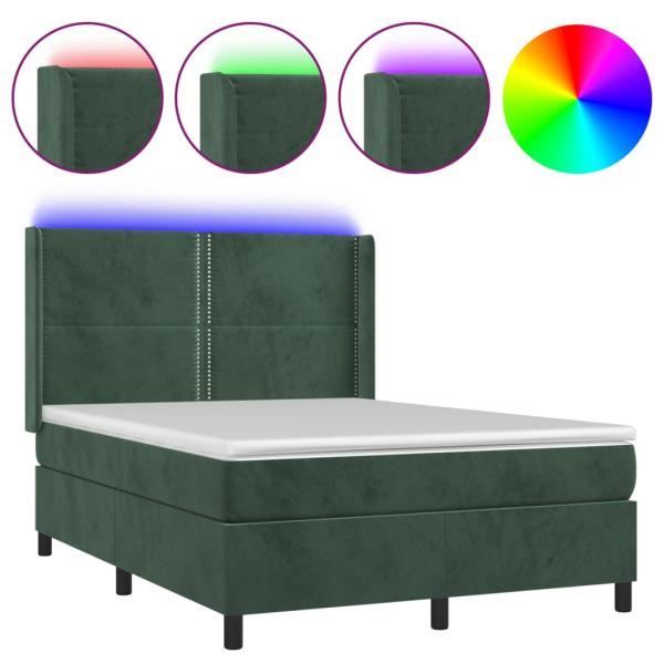 Boxspringbett mit Matratze & LED Dunkelgrün 140x190 cm Samt