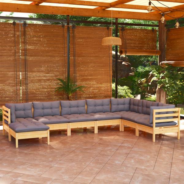 ARDEBO.de - 8-tlg. Garten-Lounge-Set mit Grauen Kissen Kiefer Massivholz