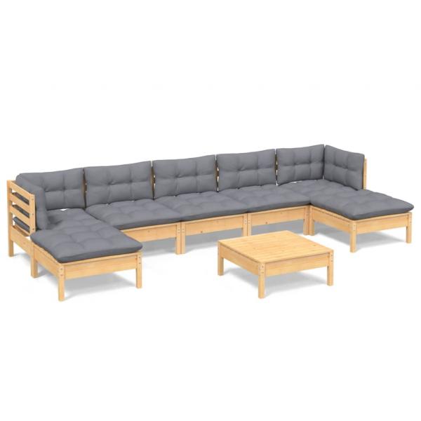 8-tlg. Garten-Lounge-Set mit Grauen Kissen Kiefernholz