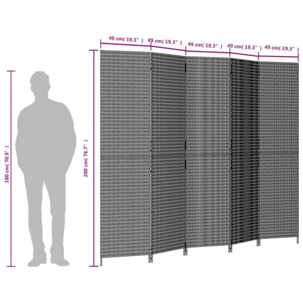 Paravent 5-tlg. Schwarz Poly Rattan