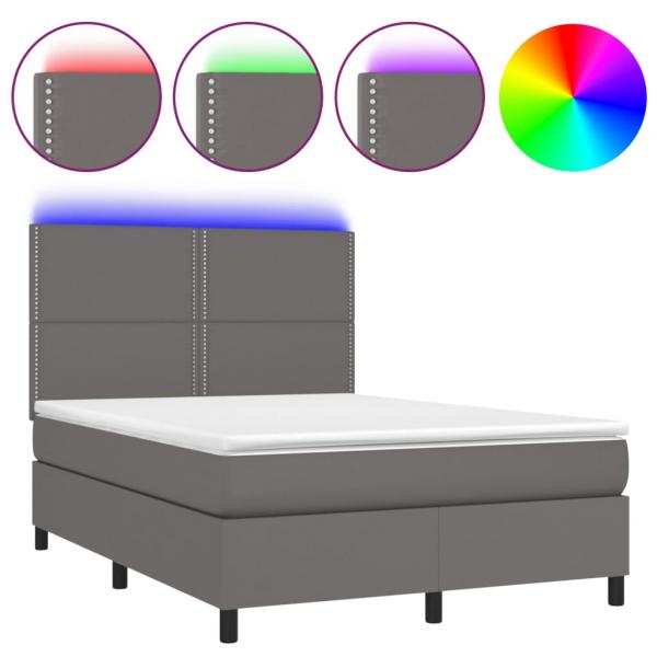 Boxspringbett mit Matratze & LED Grau 140x190 cm Kunstleder