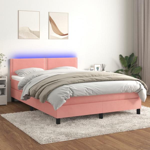 ARDEBO.de - Boxspringbett mit Matratze & LED Rosa 140x190 cm Samt