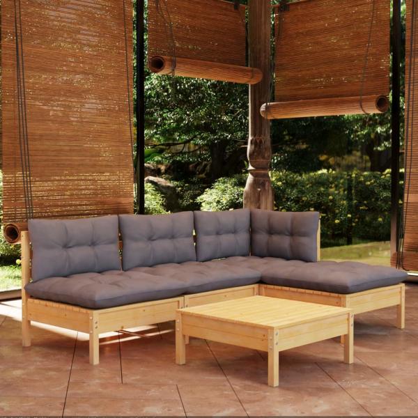 ARDEBO.de - 5-tlg. Garten-Lounge-Set mit Grauen Kissen Kiefernholz