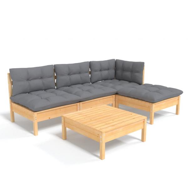 5-tlg. Garten-Lounge-Set mit Grauen Kissen Kiefernholz