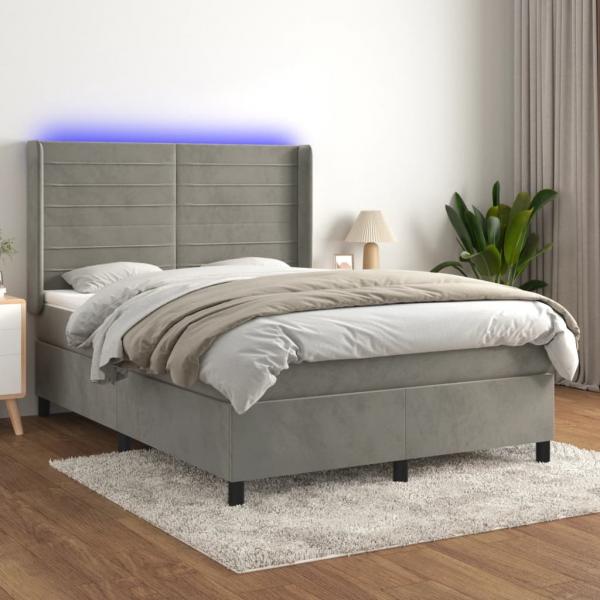 ARDEBO.de - Boxspringbett mit Matratze & LED Hellgrau 140x200 cm Samt