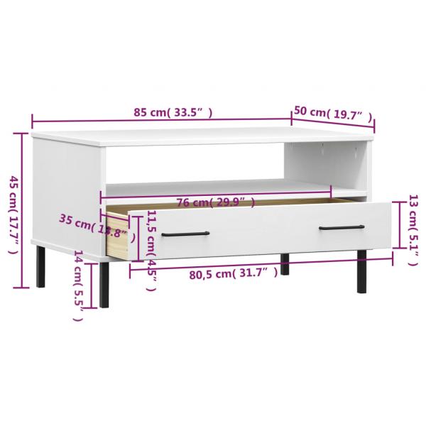 Couchtisch OSLO mit Metallbeinen Weiß 85x50x45 cm Massivholz