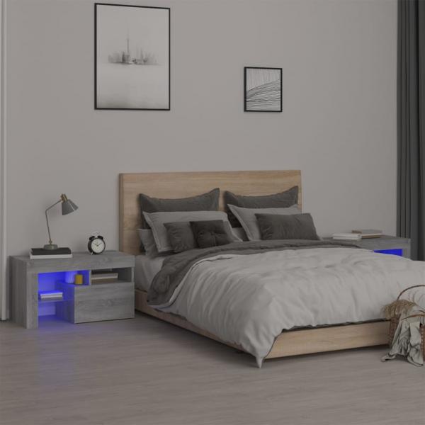 ARDEBO.de - Nachttische 2 Stk. mit LED-Leuchten Grau Sonoma 70x36,5x40 cm