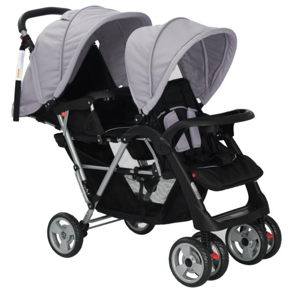 Tandem-Kinderwagen Stahl Grau und Schwarz 