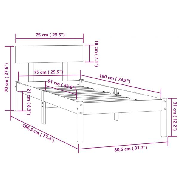 Massivholzbett Schwarz 75x190 cm