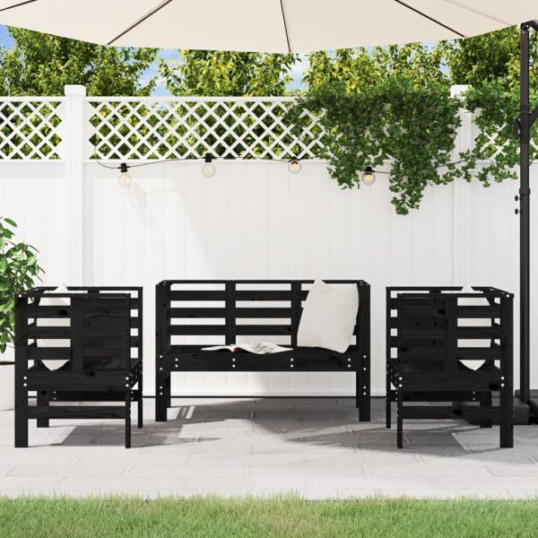 3-tlg. Garten-Lounge-Set Schwarz Massivholz Kiefer