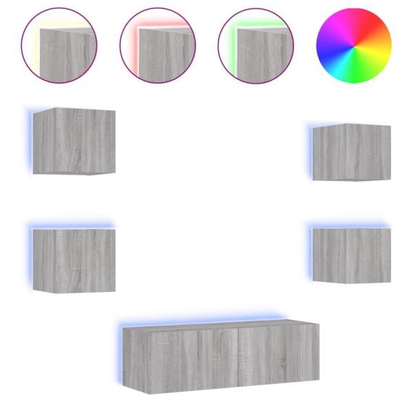 5-tlg. TV-Wohnwand mit LED-Leuchten Grau Sonoma
