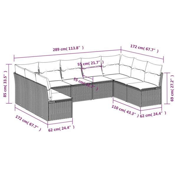 9-tlg. Garten-Sofagarnitur mit Kissen Grau Poly Rattan