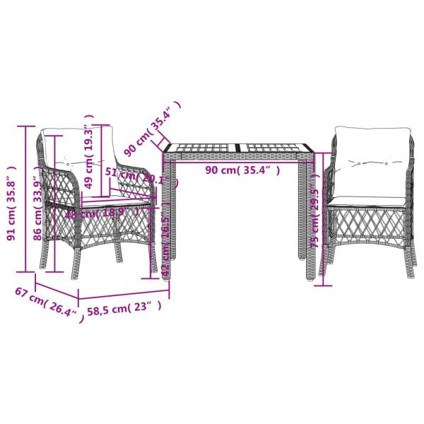 3-tlg. Bistro-Set mit Kissen Schwarz Poly Rattan