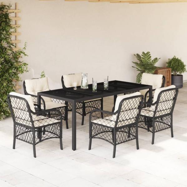 ARDEBO.de - 7-tlg. Garten-Essgruppe mit Kissen Schwarz Poly Rattan