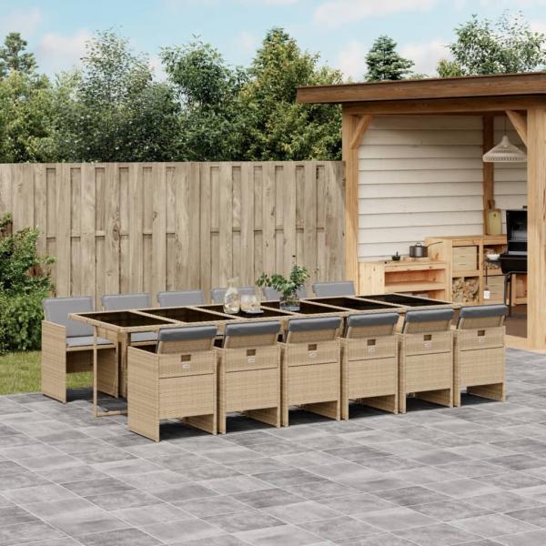 ARDEBO.de - 13-tlg. Garten-Essgruppe mit Kissen Beigemischung Poly Rattan