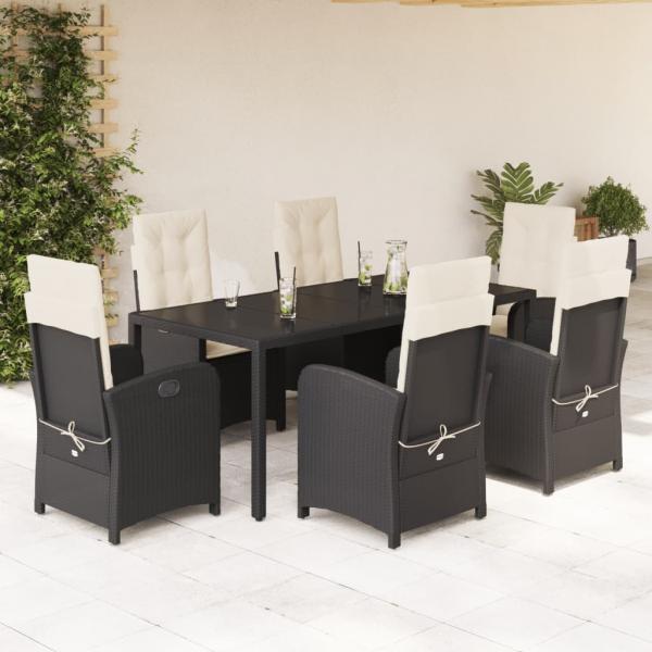 ARDEBO.de - 7-tlg. Garten-Essgruppe mit Kissen Schwarz Poly Rattan