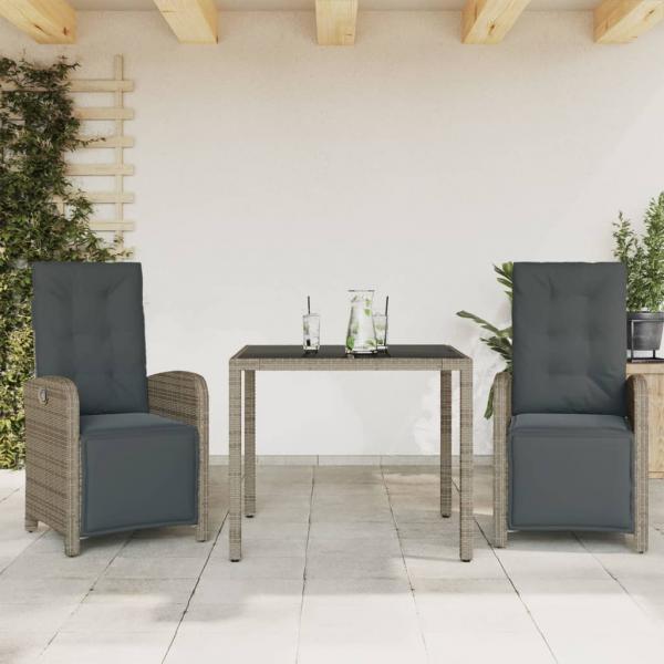 ARDEBO.de - 3-tlg. Bistro-Set mit Kissen Grau Poly Rattan