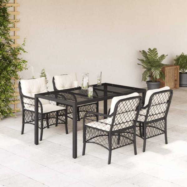 ARDEBO.de - 5-tlg. Garten-Essgruppe mit Kissen Schwarz Poly Rattan