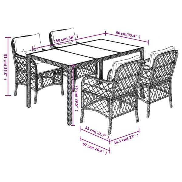 5-tlg. Garten-Essgruppe mit Kissen Schwarz Poly Rattan