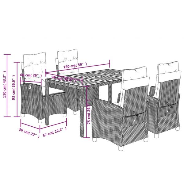 5-tlg. Garten-Essgruppe mit Kissen Grau Poly Rattan